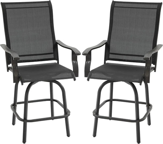Set of 2 Outdoor Swivel Bar Stools with Armrests, Bar Height Patio Chairs with Steel Frame for Balcony, Poolside, Backyard