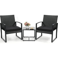 3 Piece Wicker Patio Bistro Set, Rattan Conversation Set with Coffee Table, for Balcony, Porch, Garden, Yard, Poolside, Black Fr