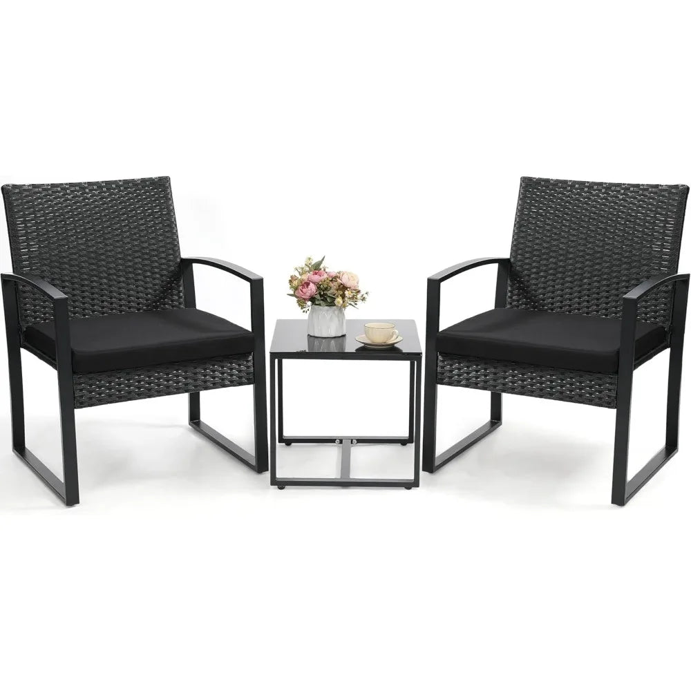 3 Piece Wicker Patio Bistro Set, Rattan Conversation Set with Coffee Table, for Balcony, Porch, Garden, Yard, Poolside, Black Fr