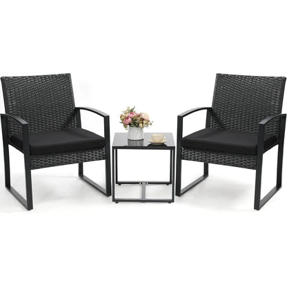 3 Piece Wicker Patio Bistro Set, Rattan Conversation Set with Coffee Table, for Balcony, Porch, Garden, Yard, Poolside, Black Fr