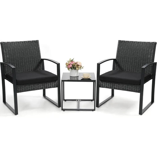 3 Piece Wicker Patio Bistro Set, Rattan Conversation Set with Coffee Table, for Balcony, Porch, Garden, Yard, Poolside, Black Fr