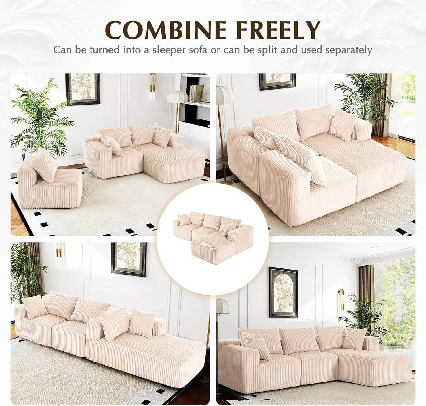 Modular Sectional Sofa for Living Room L Shaped Boneless Couch, Sofa Bed Memory Foam Couches with Chaise