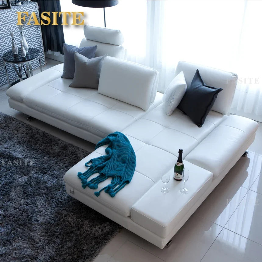 real leather sofa sectional living room sofa corner home furniture couch L shape functional backrest modern stainless steel legs