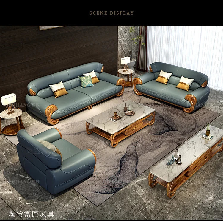 Ebony leather sofa living room new Chinese villa modern light luxury high-end sofa combination
