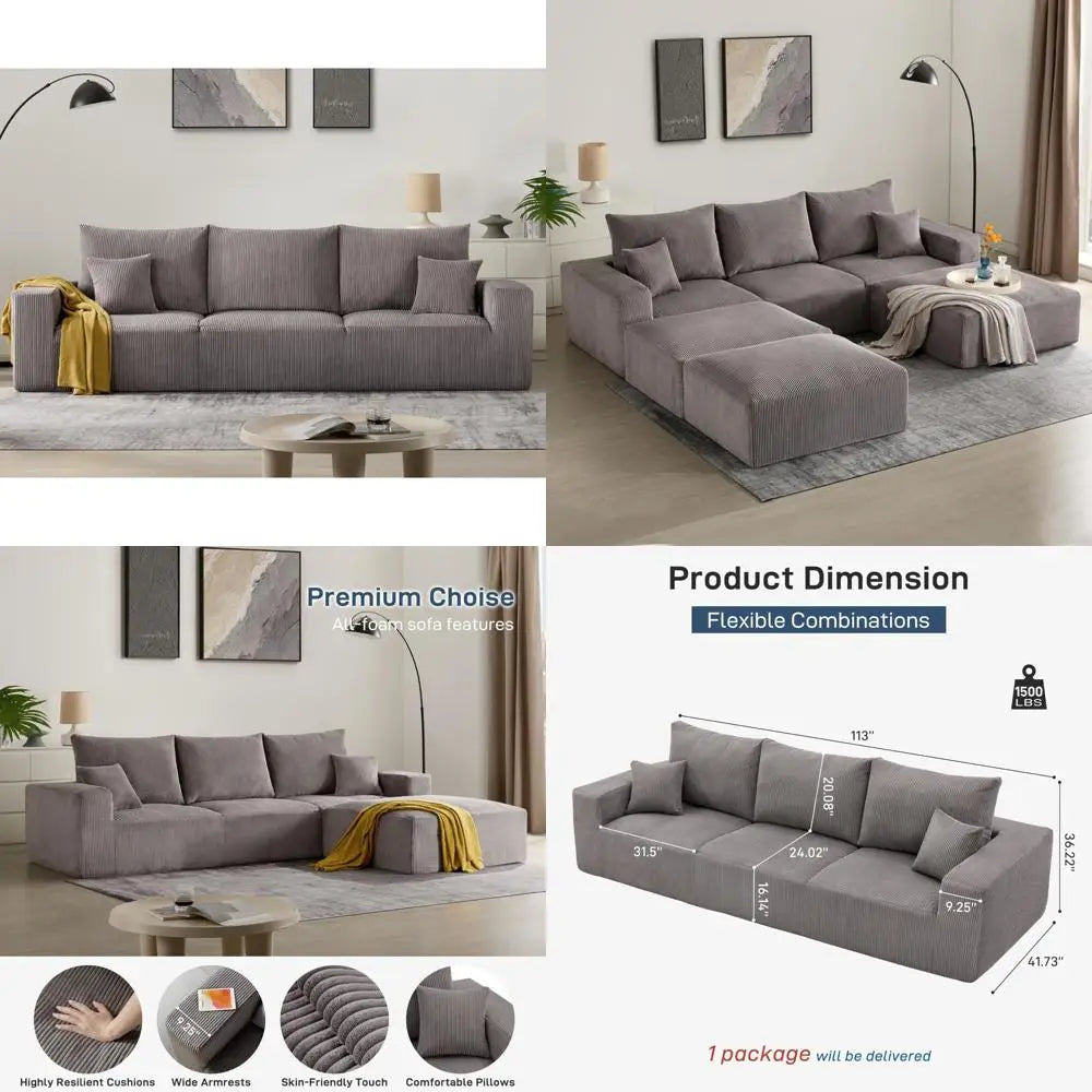 modern 3-seater gray sleeper sofa for living room, 113" modular corduroy couch, no assembly needed