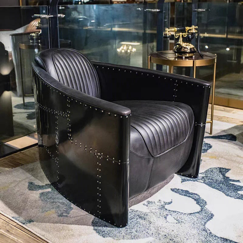 American Vintage Distressed Leather Armchair Hotel Sofa Accent Chair Aluminium Armrest Loft Aviation Chairs Aviation Furniture