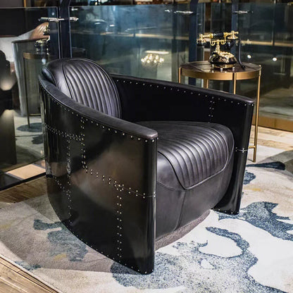 American Vintage Distressed Leather Armchair Hotel Sofa Accent Chair Aluminium Armrest Loft Aviation Chairs Aviation Furniture