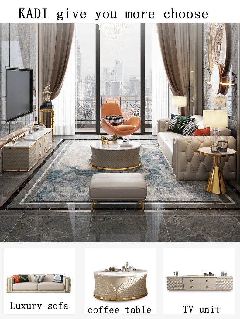Italian light luxury sofa living room leather sofa first layer cowhide buckle design luxury combination sofa size apartment