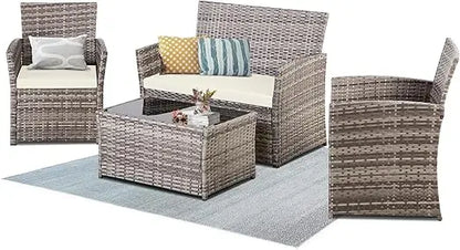 Patio Furniture Set, Modular Patio Set Wicker Outdoor Sectional Sofa Set PE Rattan Wicker Patio Conversation Set with T