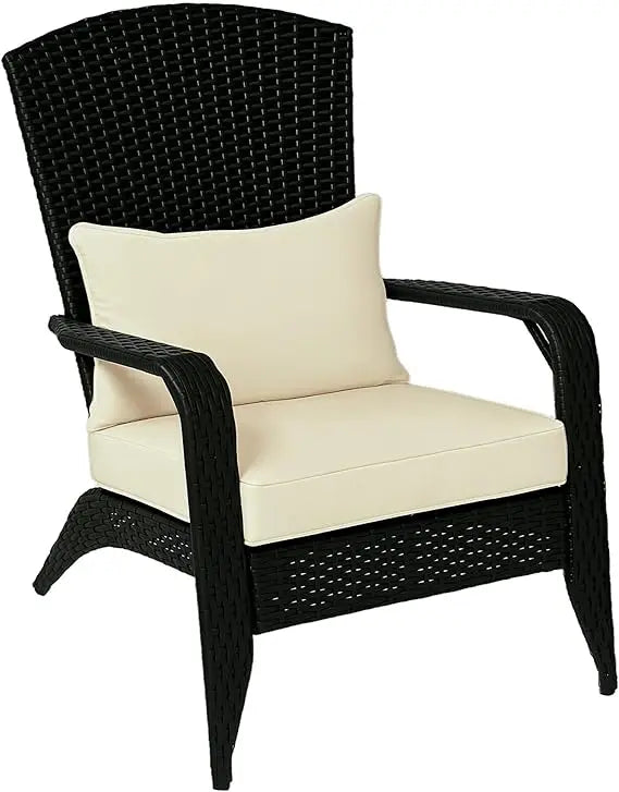 All-Weather Outdoor Wicker Adirondack Chair with Cushions, Fire Pit Friendly, Tall Curved Backrest, Comfortable Patio Furniture