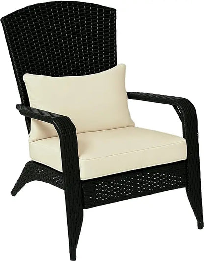 All-Weather Outdoor Wicker Adirondack Chair with Cushions, Fire Pit Friendly, Tall Curved Backrest, Comfortable Patio Furniture