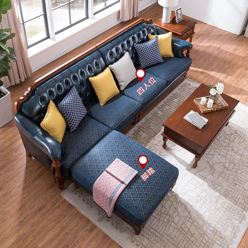 American first-layer leather sofa combination simple household solid wood corner villa L-shaped sofa