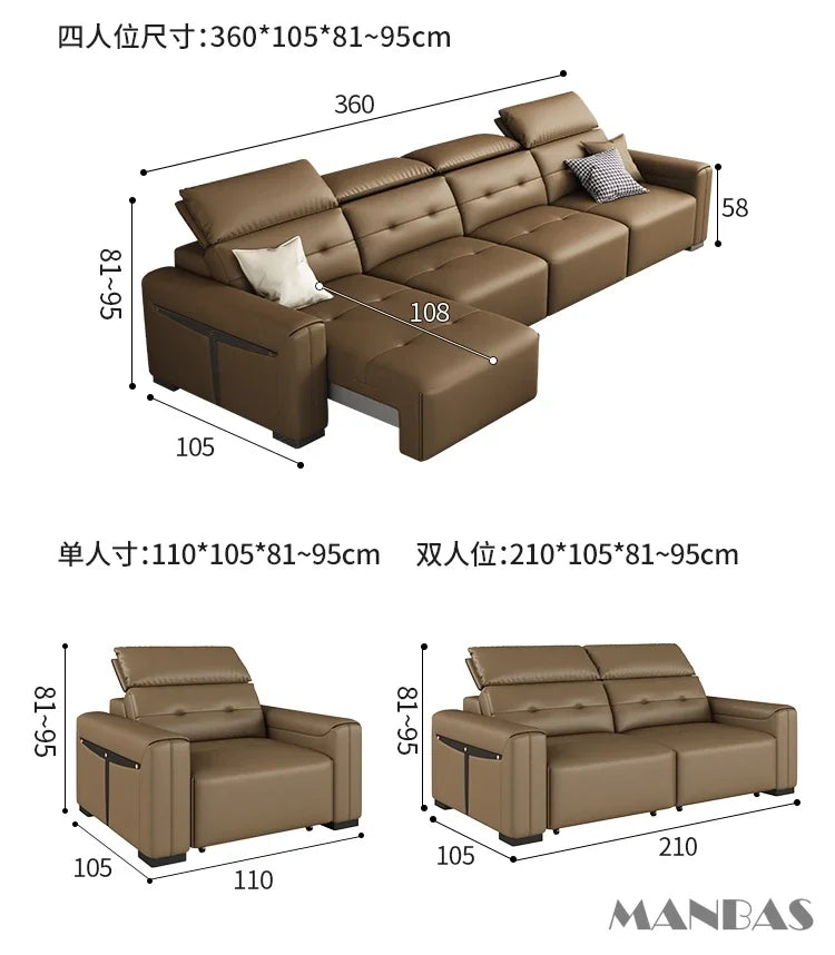 Genuine Leather Electric Convertible Sofa Bed with Adjustable Headrest, Multifunctional Folding Sofa Beds for Cinema Living Room