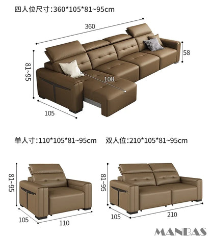 Genuine Leather Electric Convertible Sofa Bed with Adjustable Headrest, Multifunctional Folding Sofa Beds for Cinema Living Room