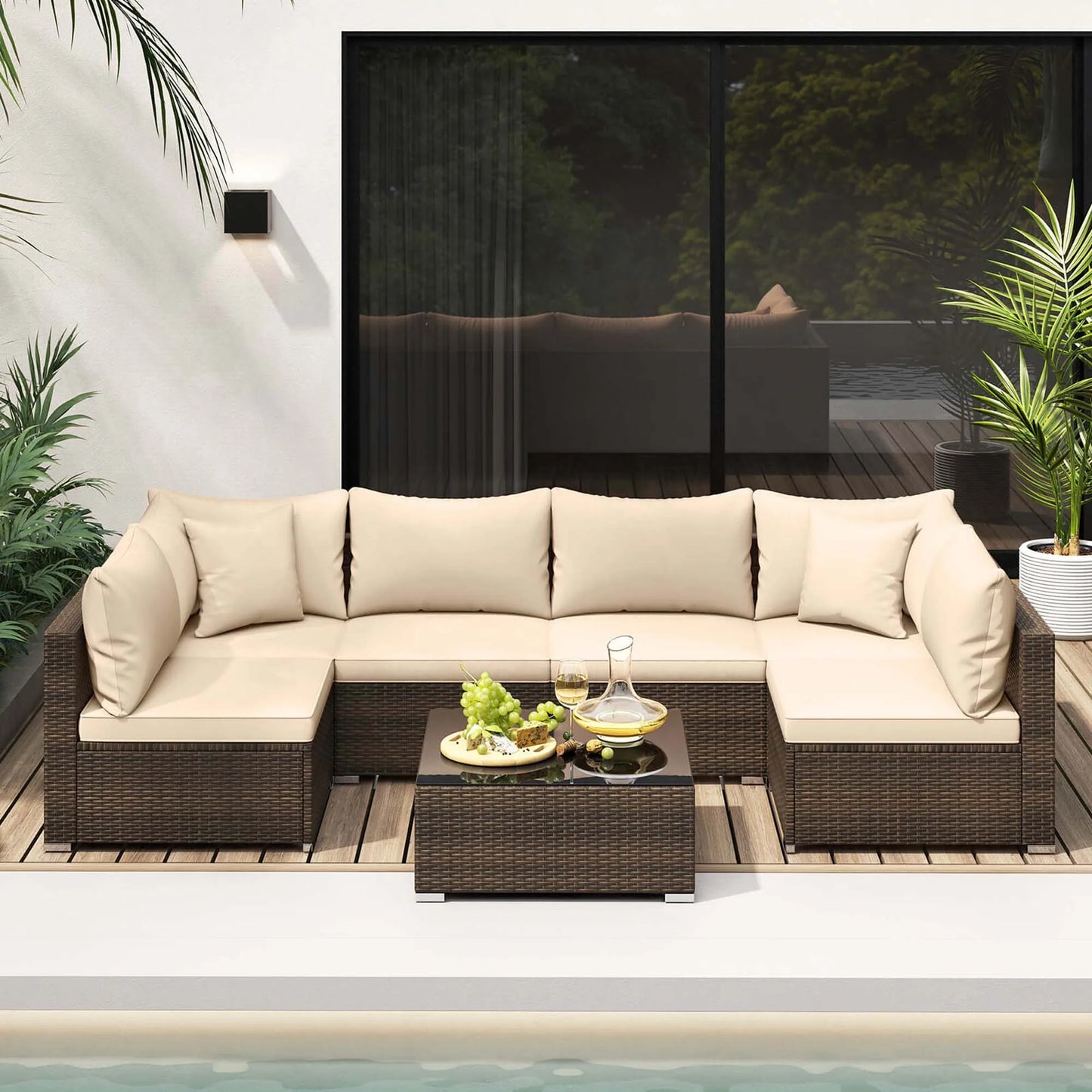 Hot Sale Item 7 PCS Patio Rattan Furniture Set Sectional Sofa Cushioned Garden Brown