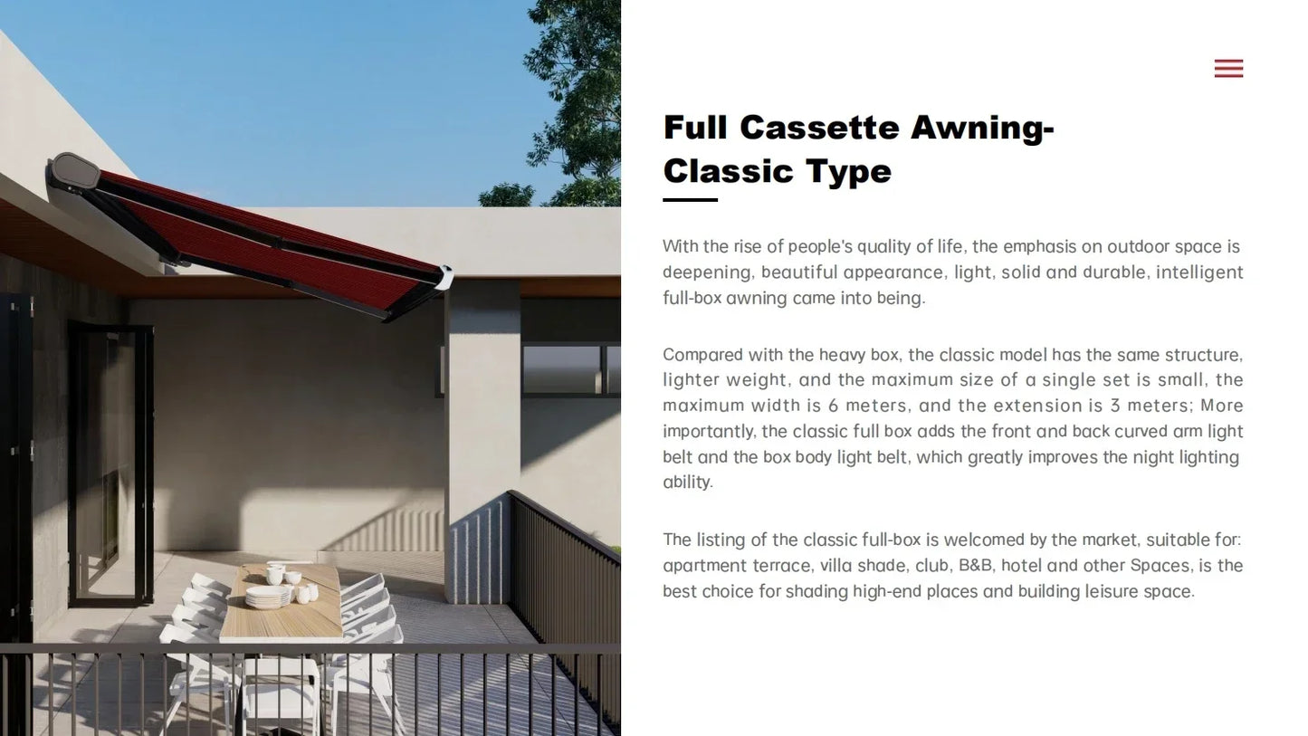 Full Box Electric Awning Sunshade LED Lighting Mechanical Manual Remote Control Home Courtyard Balcony Outdoor Leisure