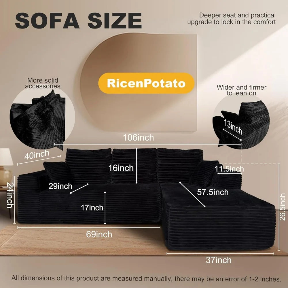 106'' Cloud Sectional Couch, L-Shape Couch with Deep Seat, Sectional Sofa, Living Room Sofa, No Assembly Required, Black, Right