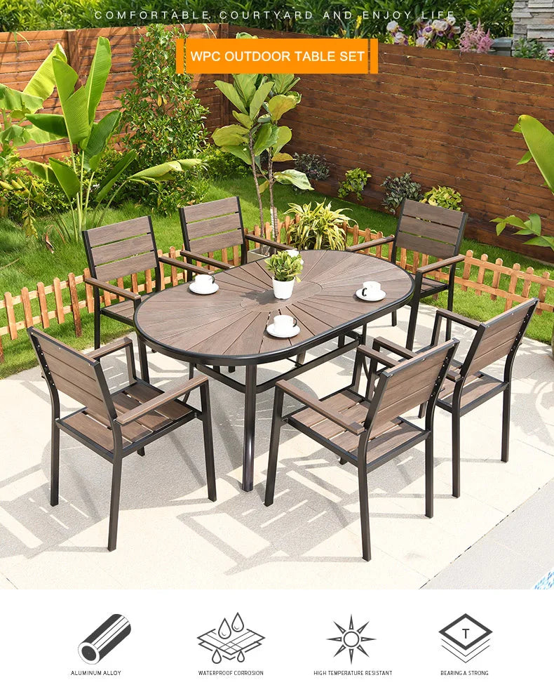 6 Chairs Aluminum Outdoor Furniture WPC Dining Table Chairs Patio Garden Sets
