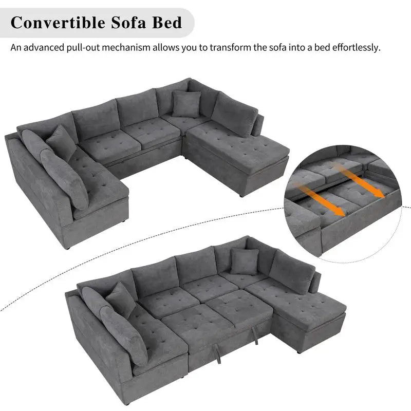 117.3" U-Shaped Oversized Sectional Sofa Couch with Pull-out Bed & 2 Pillows for Living Room, Gray Color