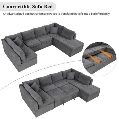 117.3" U-Shaped Oversized Sectional Sofa Couch with Pull-out Bed & 2 Pillows for Living Room, Gray Color