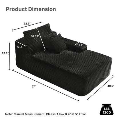Oversized Chaise Lounge Chair Indoor, Black Corduroy Boneless Sofa Bed, Comfy Cloud Couch Sectional Couches for Living Room, Be