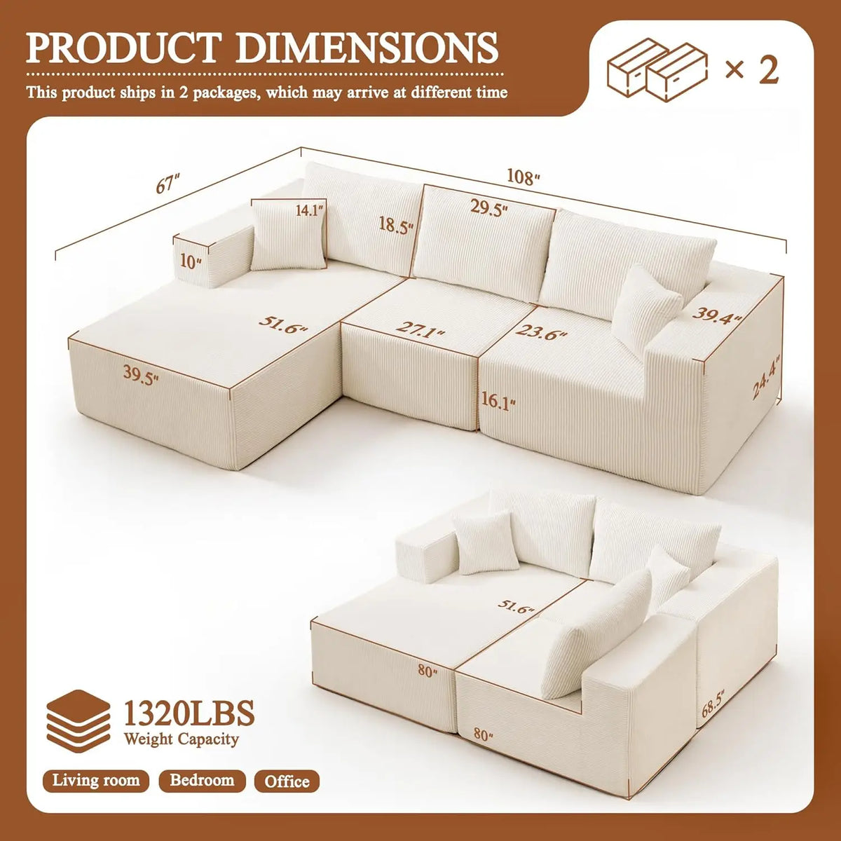 108'' Cloud Couch Modular Sectional Sofa with L-Shape Chaise Modern Upholstered Corduroy Living Room Customized Sofa Set