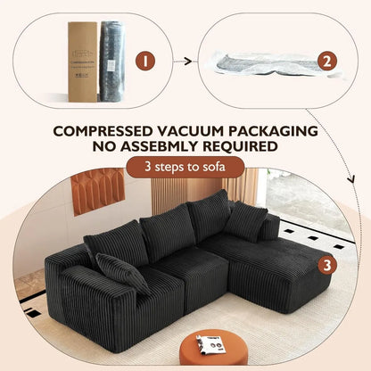Modern Minimalist Sectional Sofa: L-Shape Cloud Couch with Deep Seats Right Chaise - Black