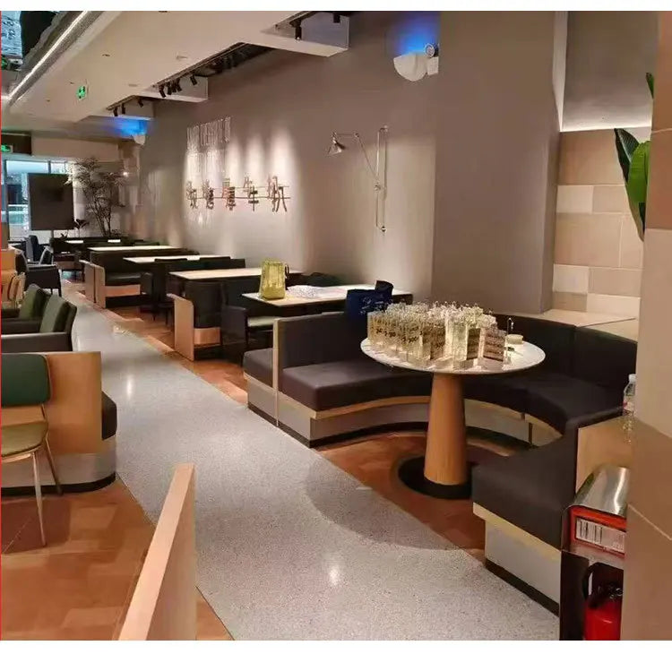 Commercial Booth Sofa Set Solid Wood Leather, Table Chair Combination for Milk Tea Coffee Hot Pot Restaurant Card Seat