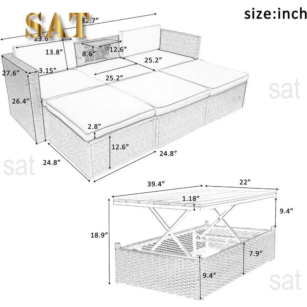 y 5-Piece Patio Furniture Sets with Adustable Backrest, Ottomans and Lift Top Coffee Table, All Weather Waterproof Wicker