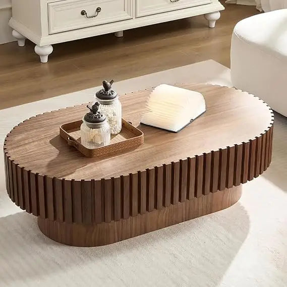 Oval Coffee Table for Living Room Fluted Coffee Table with Pedestal Modern Handcrafted Wood Centre