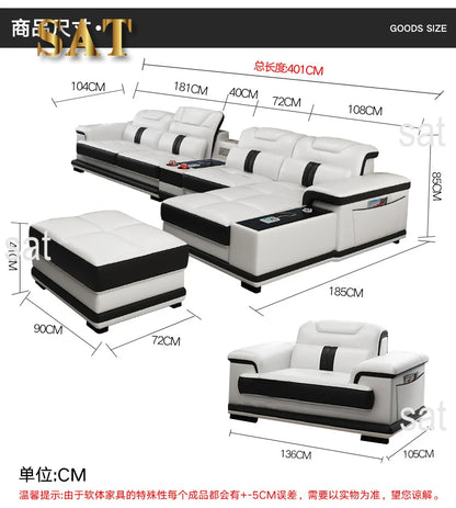 for Modern Living Room Sofas L Shape Corner Italian Genuine Leather Couch with Speake,Radio,USB, Bluetooth, Cup Holder