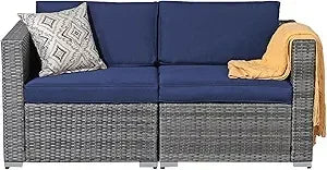 All Weather Grey PE Rattan Sectional Corner Sofa Set, Additional Extra Chairs for Outdoor Sec，Outdoor Wicker Loveseat 2 Pieces,