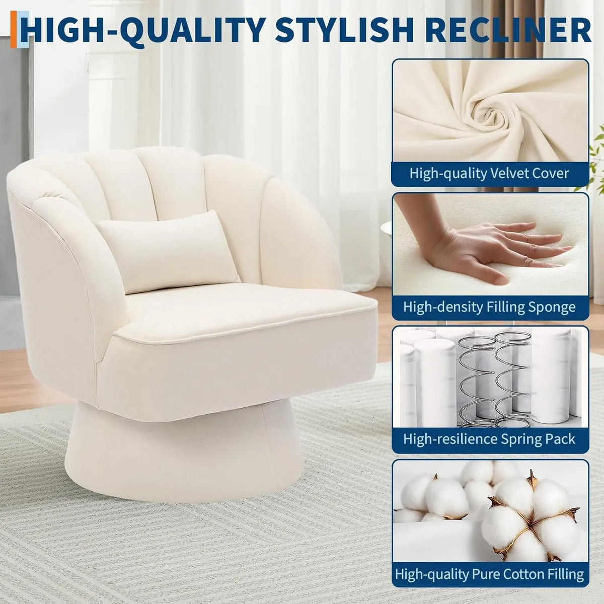 360° Swivel Barrel Accent Chair Modern Round Armchair with Striped Backrest & Plush Padding Velvet Fabric Upholstered Armchair