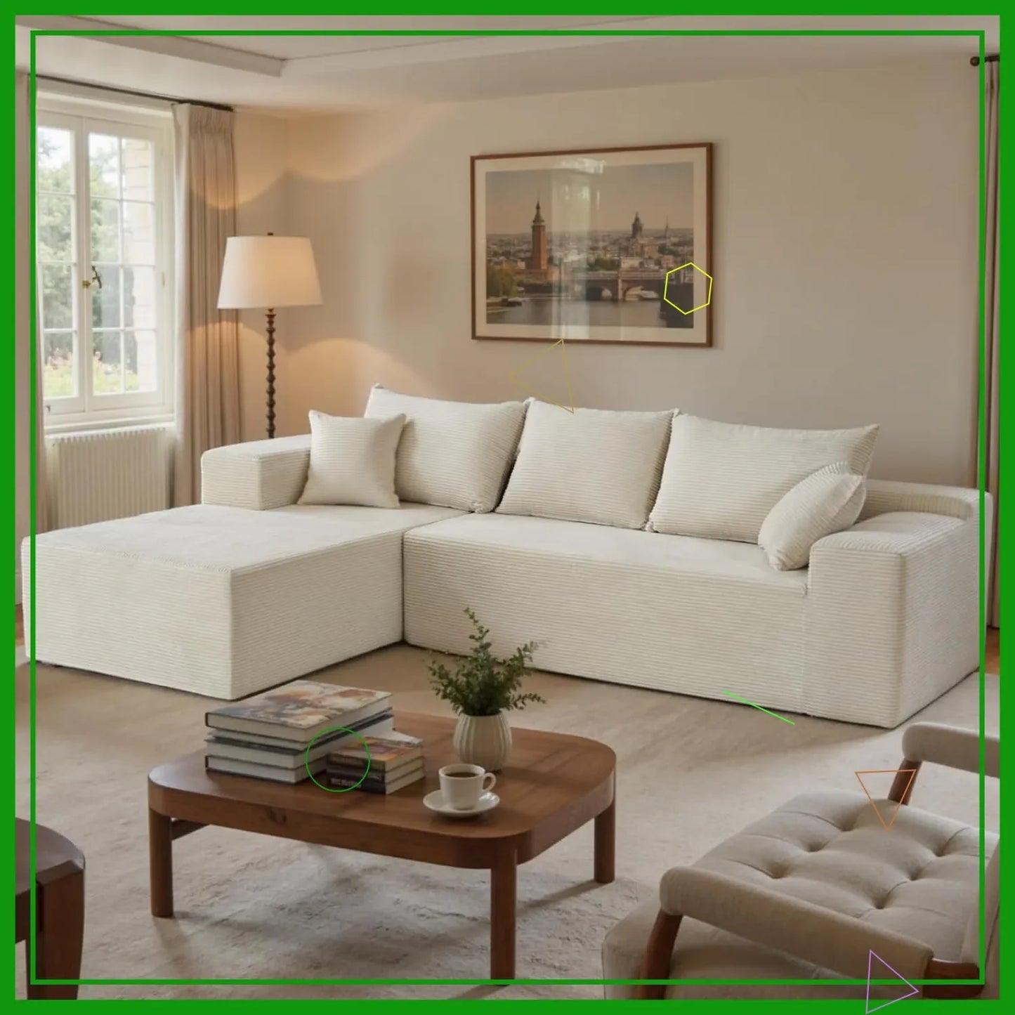 103" L-Shaped Modular Cloud Couch for Living Room, Left Facing Chaise, Deep Seat Memory Foam, No Assembly, Beige Corduroy