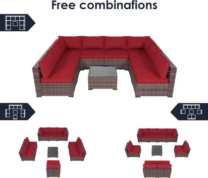 Patio Furniture Set Outdoor Modern Sectional  Wicker Couch with Glass Coffee Table, Thicken Cushions, Waterproof Cover