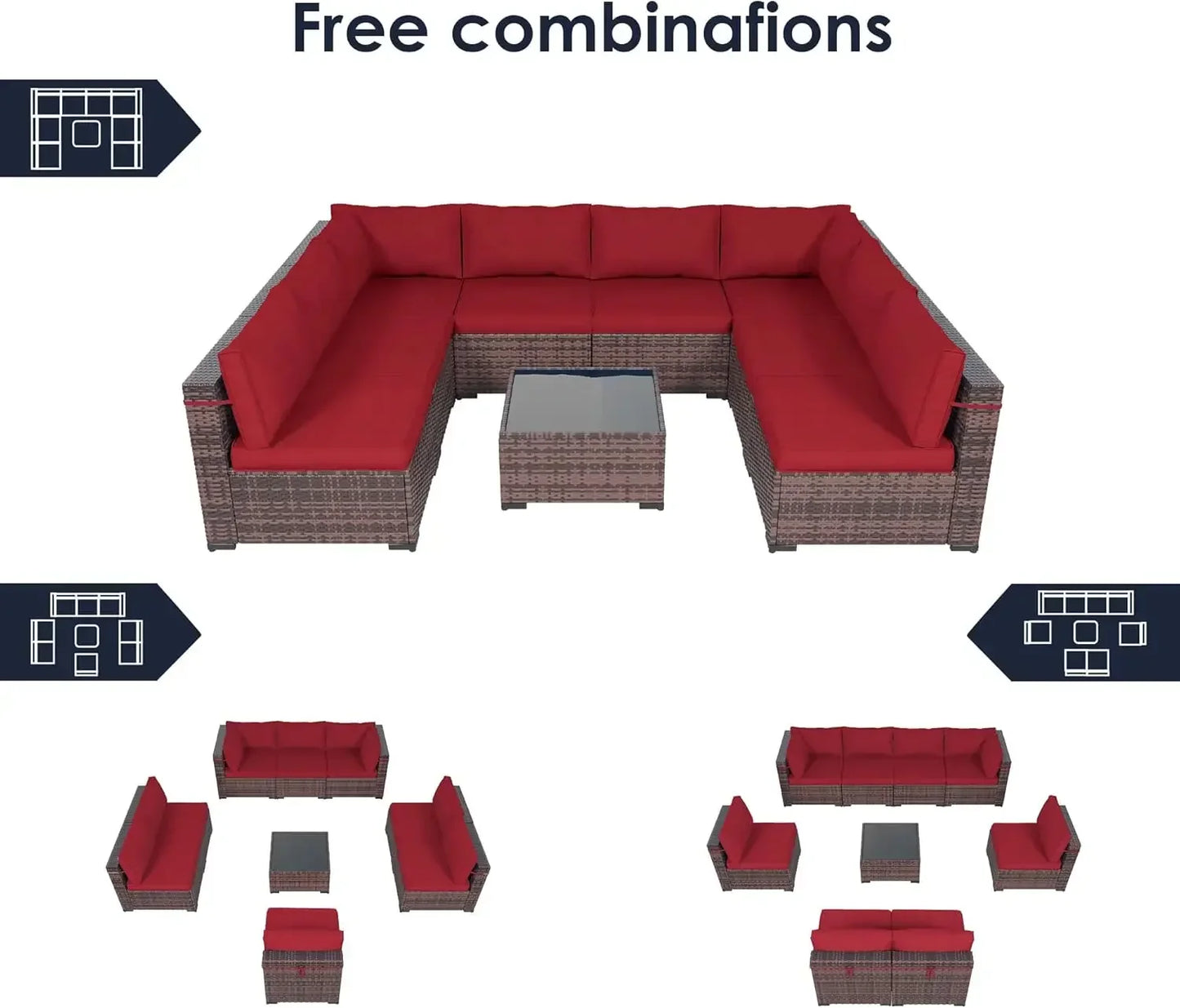 Patio Furniture Set Outdoor Modern Sectional  Wicker Couch with Glass Coffee Table, Thicken Cushions, Waterproof Cover