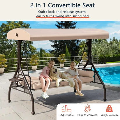 Patio Porch Swing 3Seat Outdoor Swing with Adjustable Canopy Waterproof Fabric Cushion Pillow and Foldable Side Tray for Patio