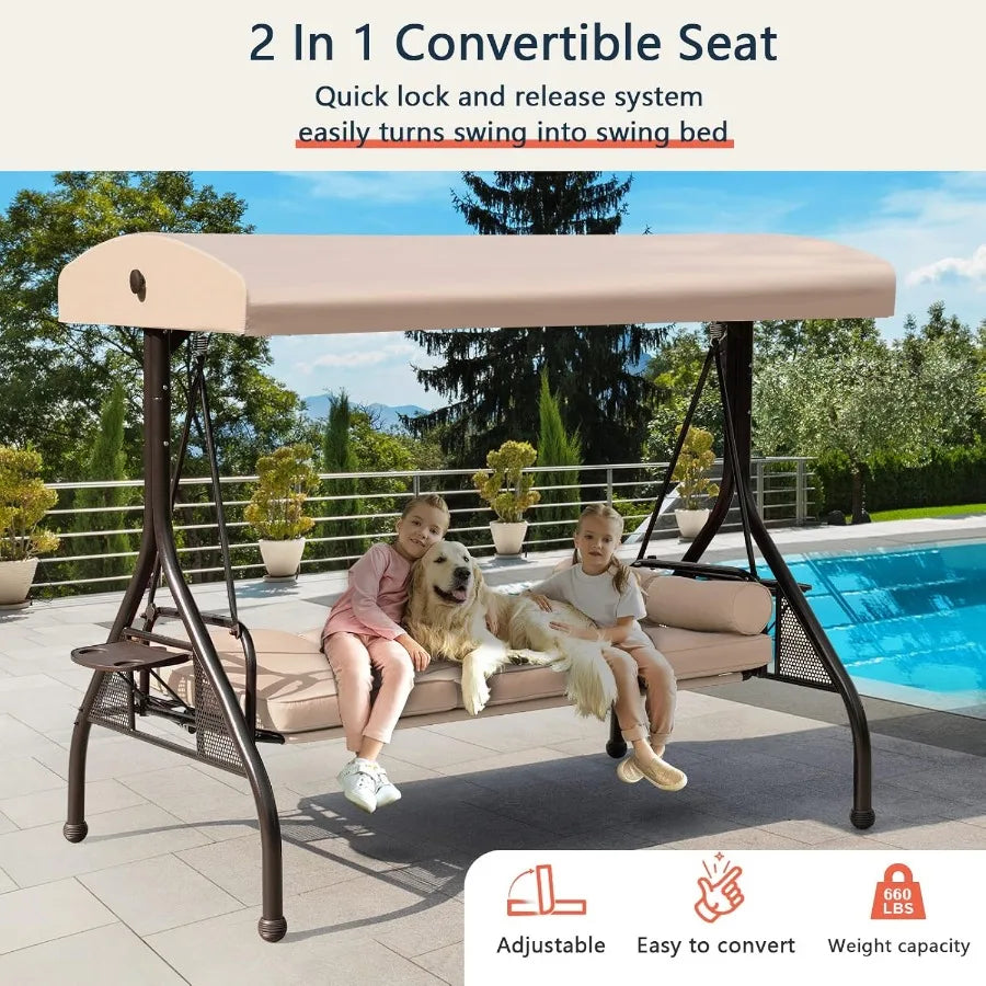 Patio Porch Swing 3Seat Outdoor Swing with Adjustable Canopy Waterproof Fabric Cushion Pillow and Foldable Side Tray for Patio