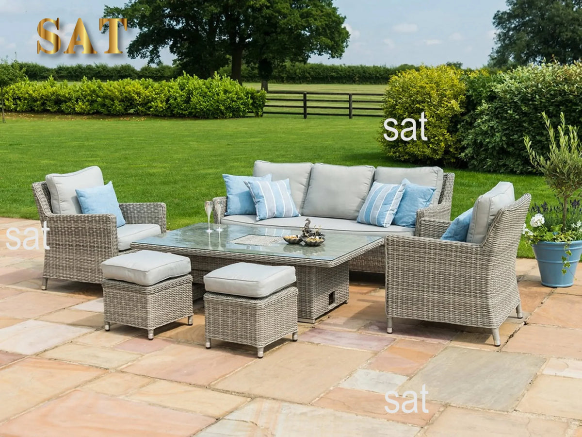PatioLix Patio Wicker Dining Set Outdoor Furniture Sofa With Ice Bucket And Rising Table Waterproof Garden Rattan Sofa