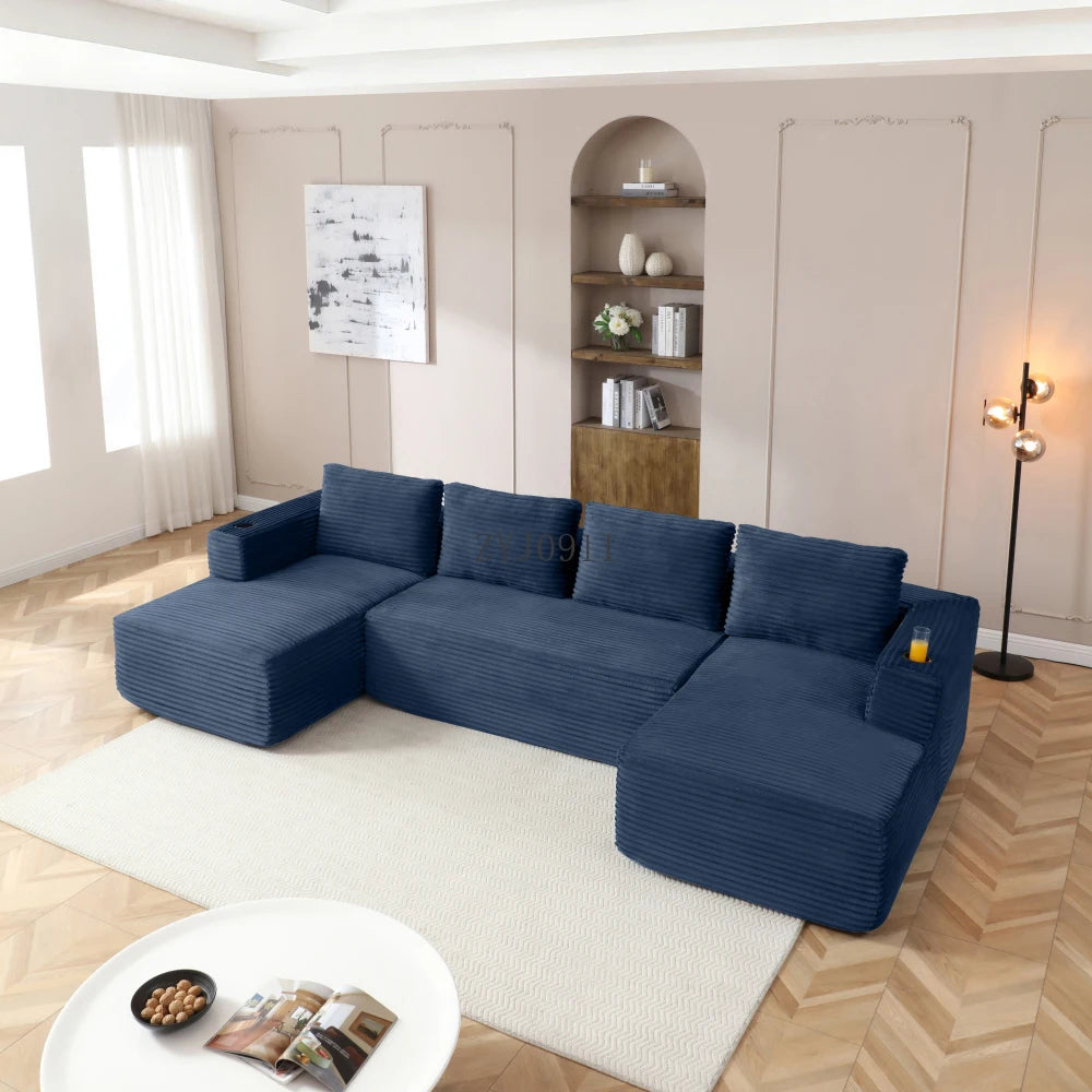 132-Inch boneless sofa, modern corduroy U-shaped modular section sofa, comfortable sofa with cup holder
