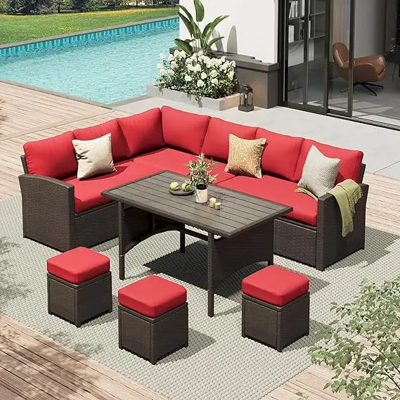 Patio Furniture Set, 7 Pieces Outdoor Patio Furniture with Dining Table&Chair, All Weather Wicker Conversation Set with Ottoman