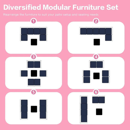 7-Piece Outdoor Rattan Sectional Sofa Set, Wicker Patio Furniture Sets with Navy Blue Cushions for Balcony, Porch, Backyard