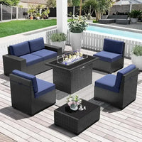PatioLix 8 Piece Patio Furniture with 44"Propane Gas Fire Pit Table. Outdoor Sectional Conversation Set Wicker Rattan Sofa