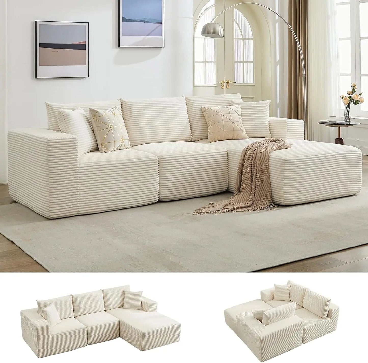 118" Compressed Sofa for Living Room L Shaped Boneless Couch, Modular Sectional Sofa, Sofa Bed Memory Foam Couches with Chaise
