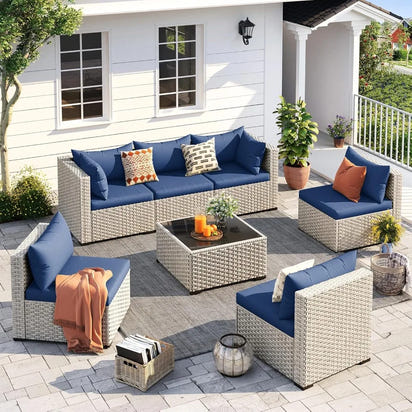 Seven Piece Patio Set, Modular Sectional Sofa Design, Includes Tea Table, PE Wicker Outdoor Conversation Group For Patio Use