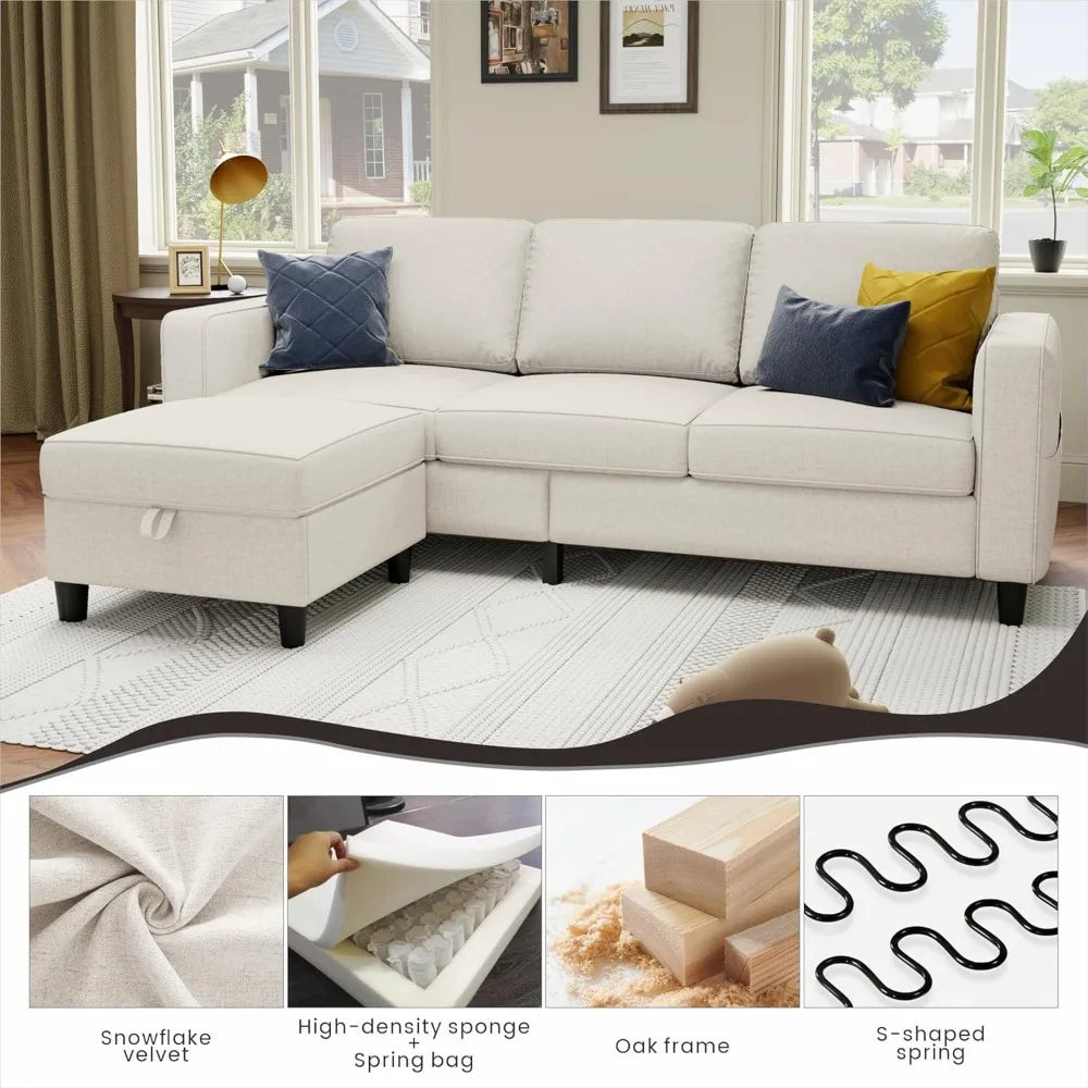78 L-Shaped Beige Linen Pet-Friendly Modular 3-Seater Convertible Sofa for Living Room