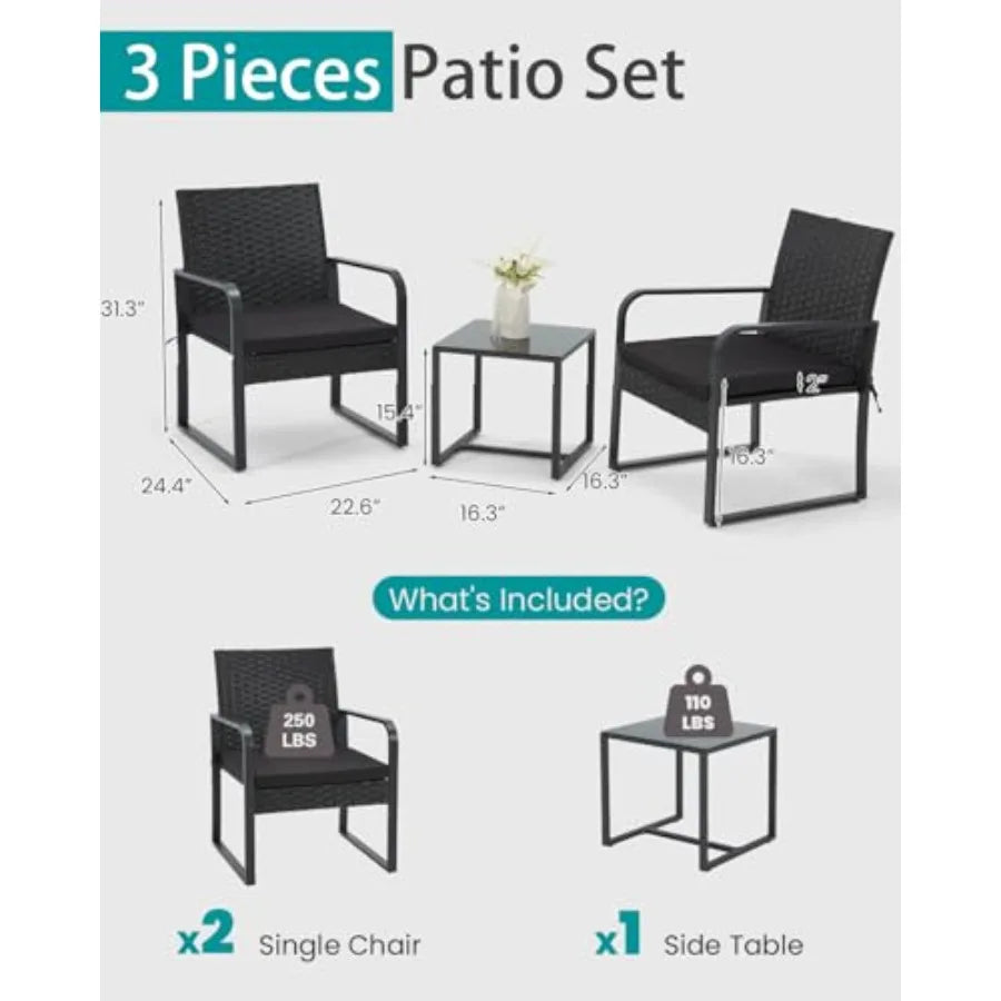 3 Piece Outdoor Patio Furniture Set Patio Bistro Set Wicker Conversation Set Modern Rattan Chair with Glass Coffee Table