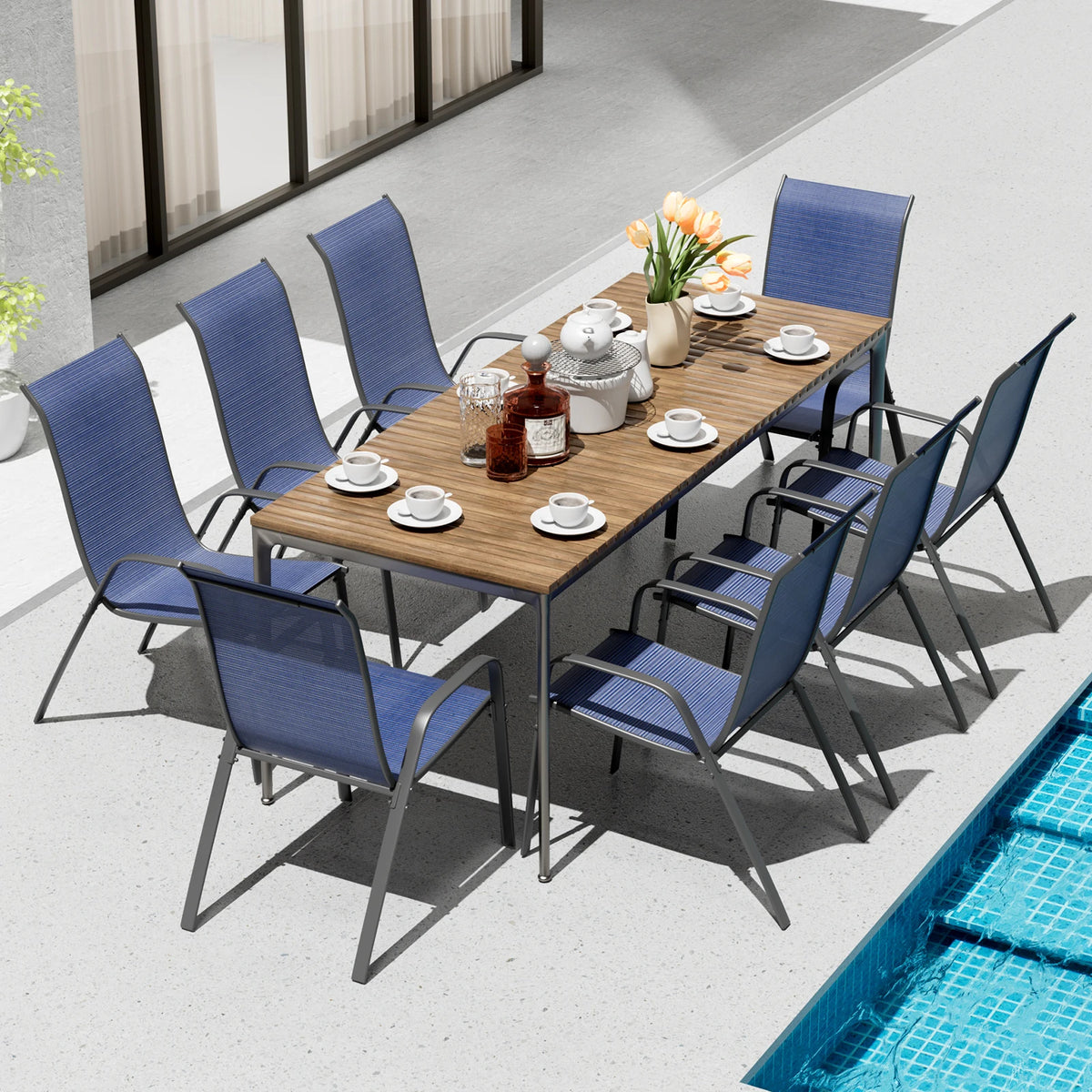 Patio Chairs Set of 8, Stackable Textilene Outdoor Dining Furniture for All Weather, with 20″ Wide Seat & Metal Frame for Garden