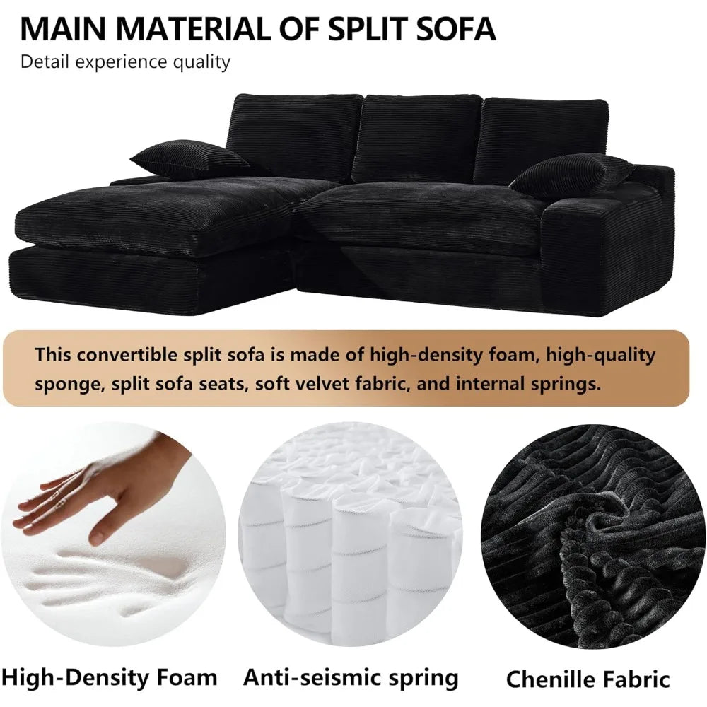 Black Cloud 98.4-Inch Sectional Sofa Corduroy L-Shaped Modern Upholstered Couch with Chaise Modular Sectional