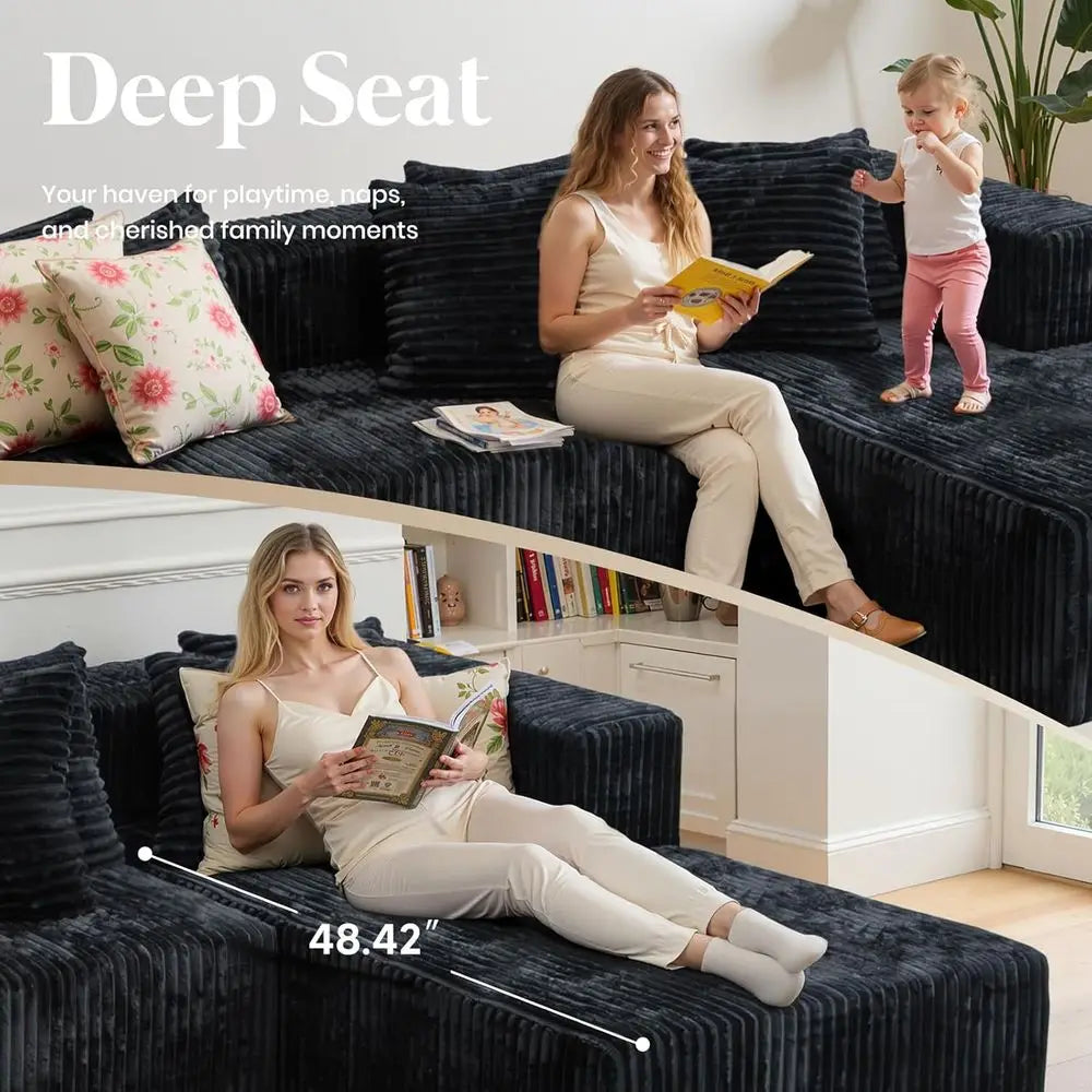 130 Black Bonded Leather Cloud Sofa with 2 Chaise Lounges, 4-in-1 Flexible Layered Foam Cushion, Deep Seating, No Assembly Neede